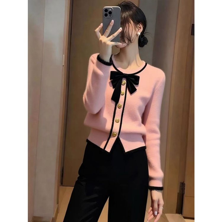 韩版小香风粉色蝴蝶结针织开衫女秋冬新款洋气优雅百搭显瘦上衣潮