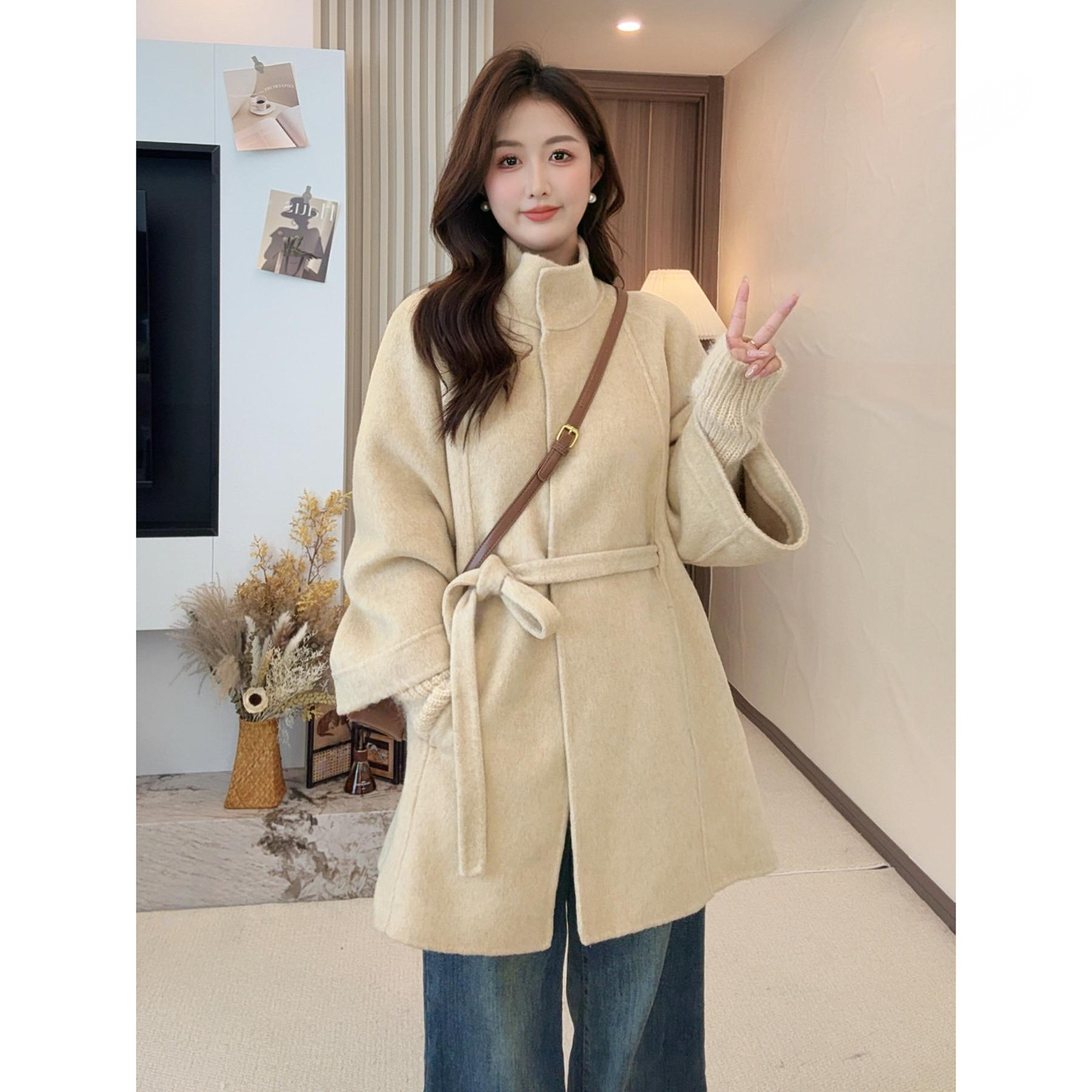 秋冬新款高级感小个子立领双面羊绒大衣气质腰带设计羊毛呢外套女