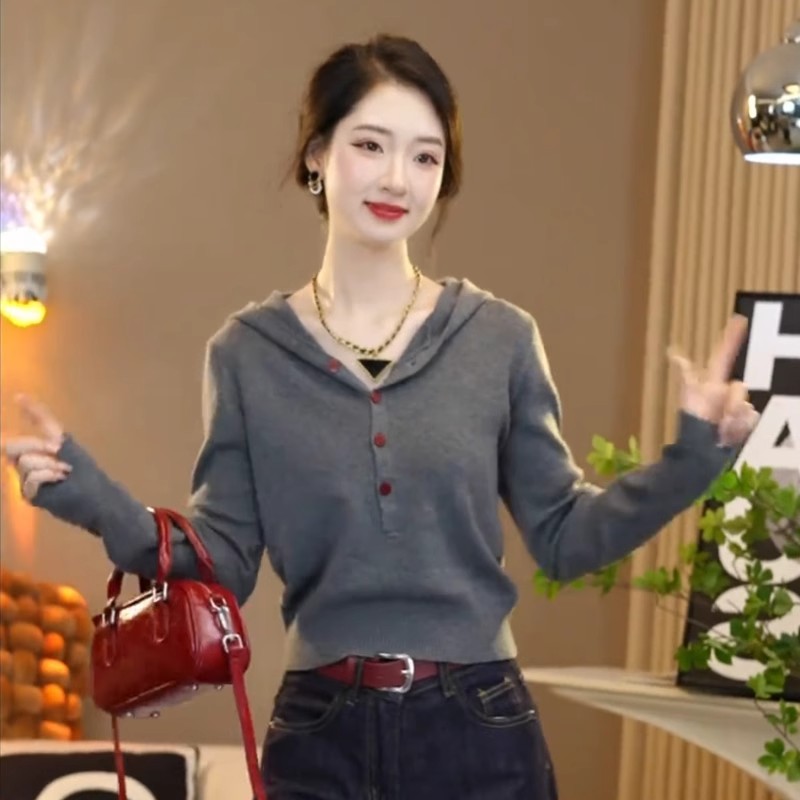 连帽针织衫女短款毛衣2025新款秋季韩版宽松高级感小个子上衣外套