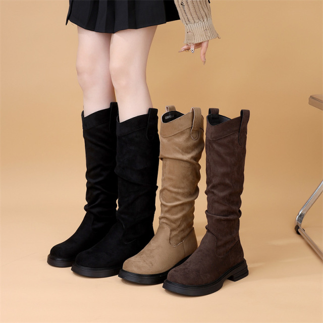 覆古风高筒长靴骑士靴女2025秋冬新款圆头堆堆靴中跟西部牛仔靴潮
