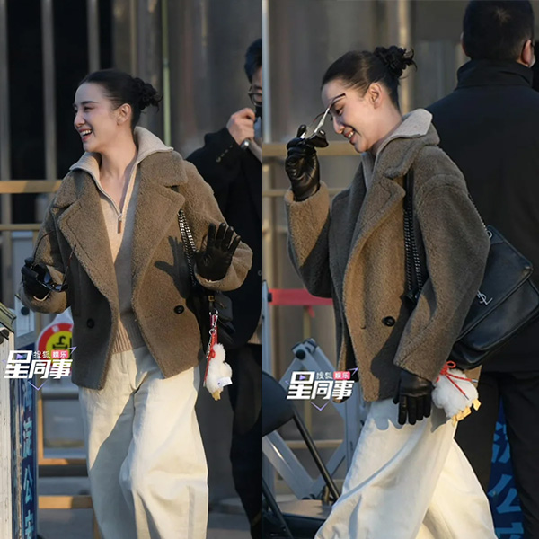 【宋佳同款】LANCY/朗姿新款短款宽松翻领羊剪绒大衣毛呢外套女