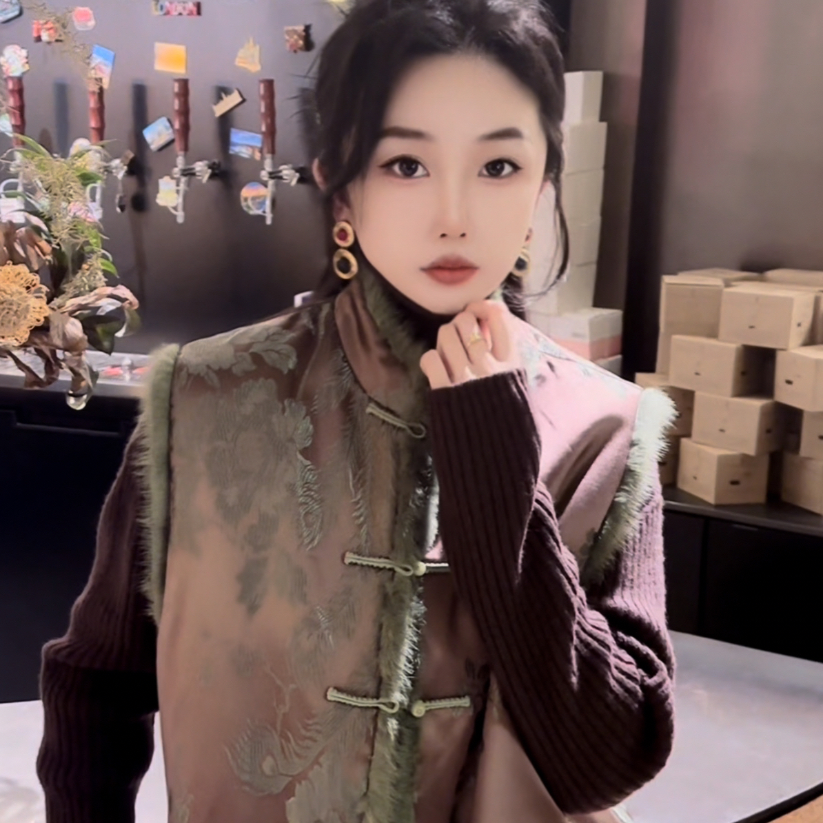 XXJ 寒烟翠 新中式国风加棉马甲女秋冬圆领气质显瘦百搭 8955