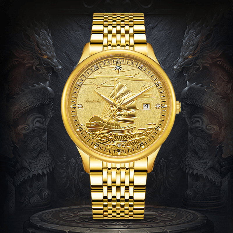 商务大气立体浮雕双色一帆风顺日历夜光防水男表9115G专属手表