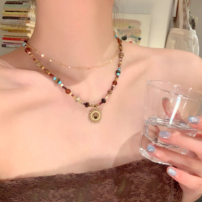 钛钢项链 美拉德太阳花串珠项链高级感小众锁骨链复古叠戴毛衣链