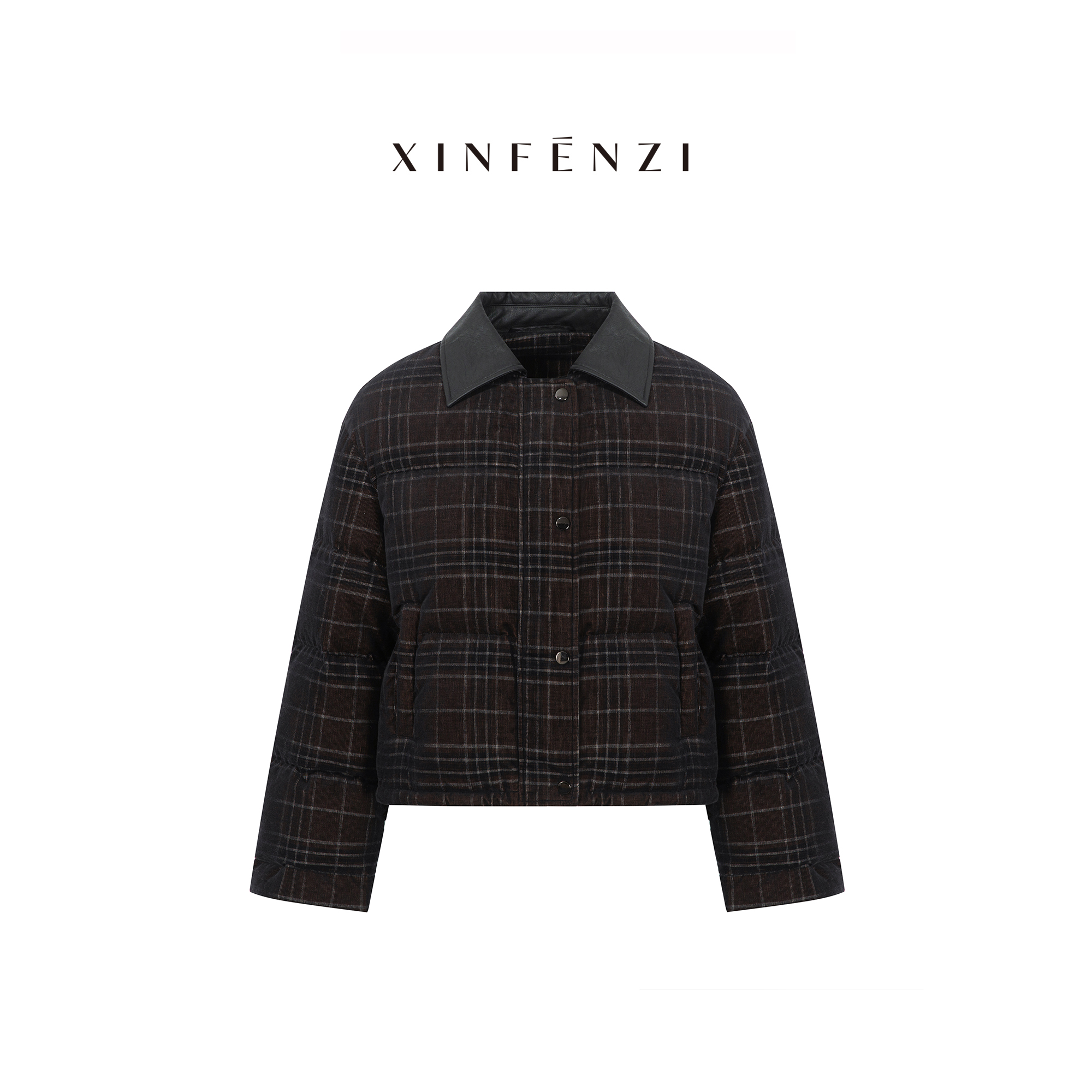 【暖绒绒】XINFENZI 复古灯芯绒翻领拼皮格纹羽绒服 WJK34118
