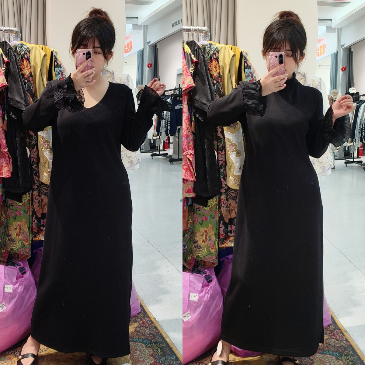 清苍价～深圳7319黑美人空气棉连衣裙蕾丝飞飞袖长裙大码裙子