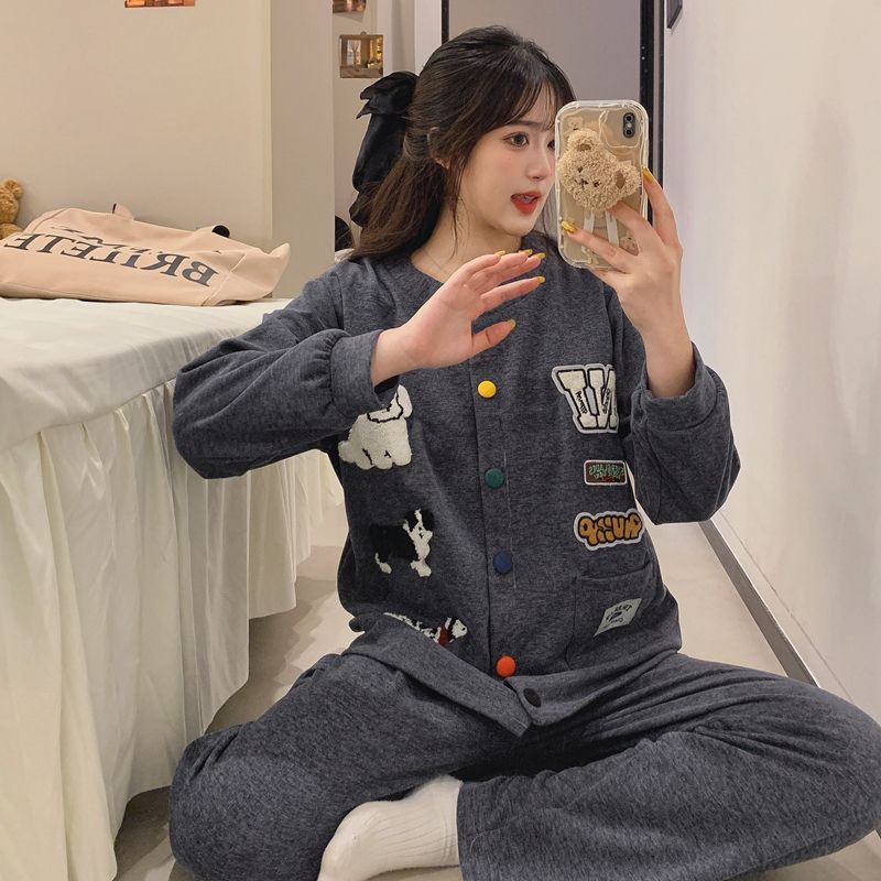 秋冬款深灰卡通小狗开衫睡衣长袖长裤女羊绒外穿保暖家居服两件套