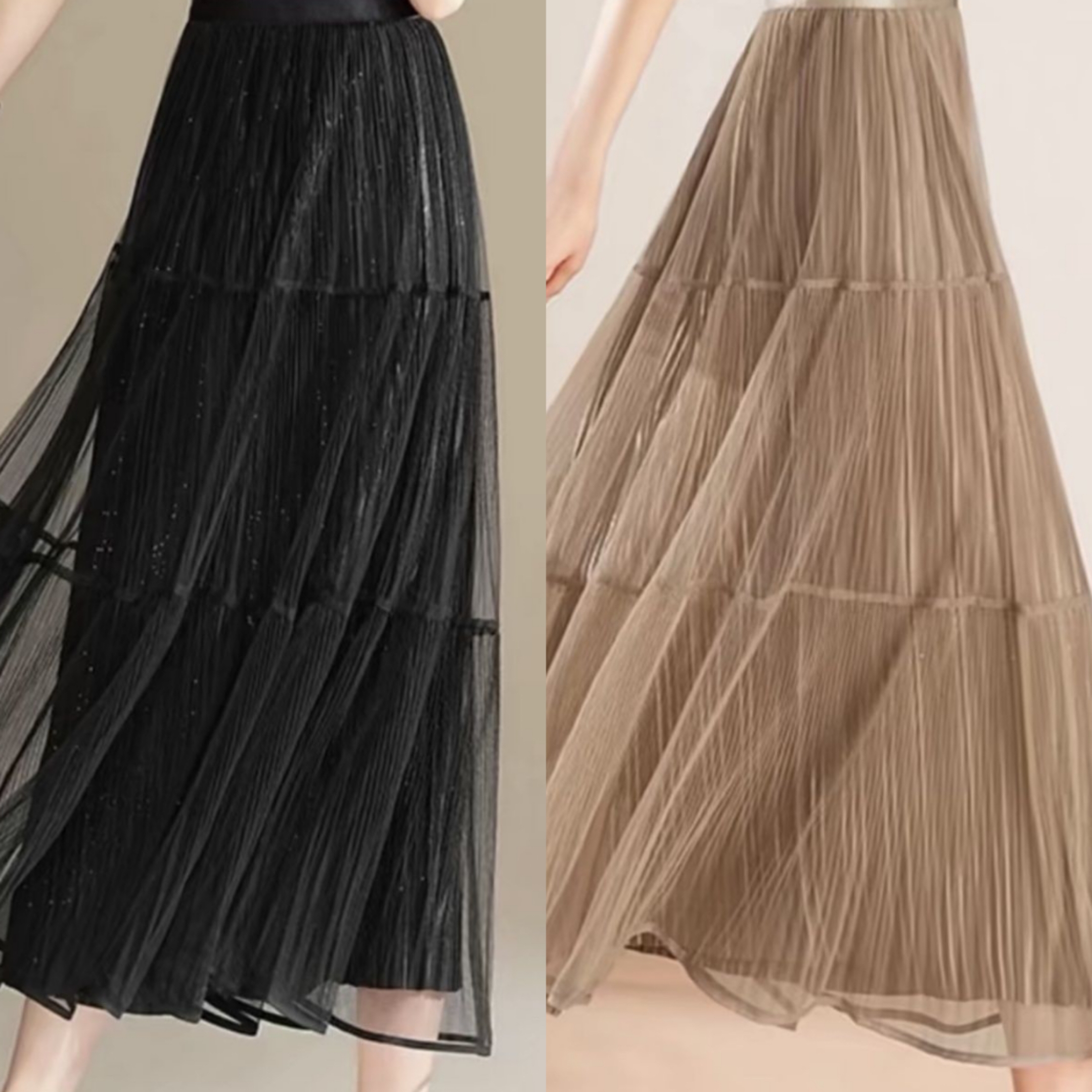 2660秋冬新款重工闪耀烫钻双层百褶高腰中长款显瘦网纱半身裙垂感