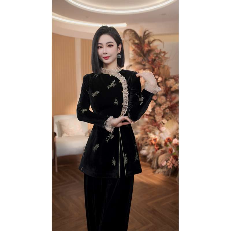 格娜新中式中国风显瘦丝绒上衣女装秋冬2025新款蕾丝花边长袖衬衫