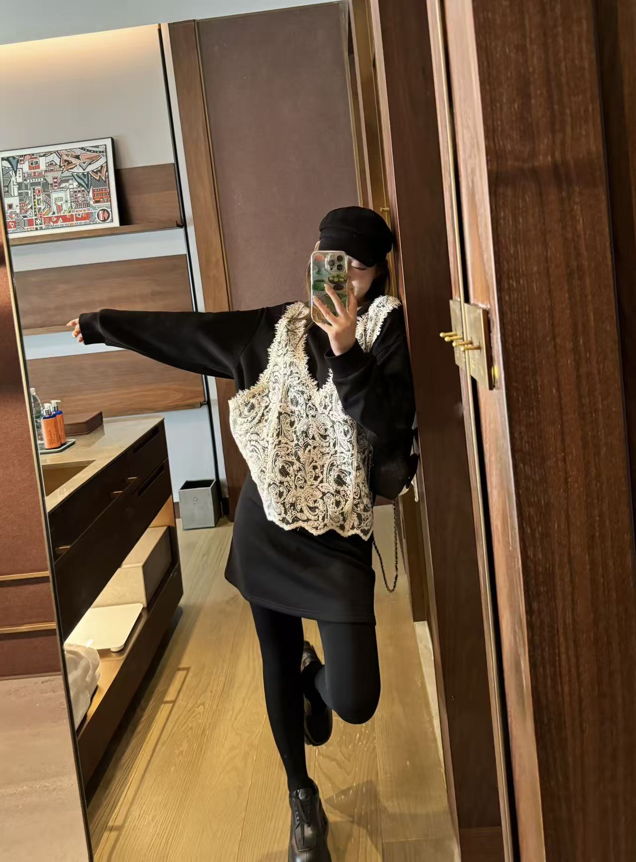 琪琪怪怪大码女装【减法日常】假两件拼接蕾丝背心+半身裙T18344QD