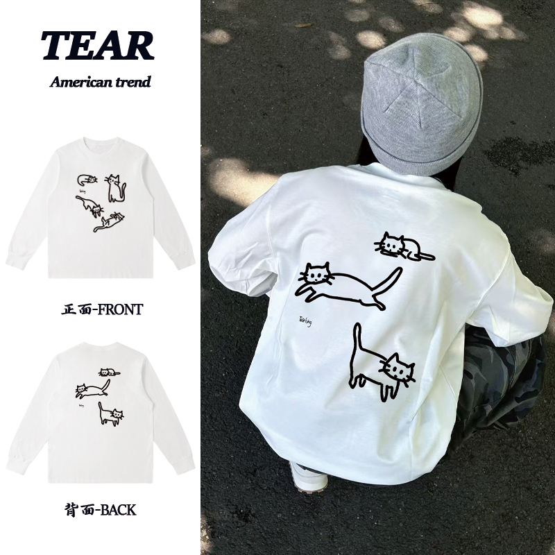 美式重磅纯棉猫猫字母印花长袖T恤宽松百搭ootd穿搭潮流男女同款