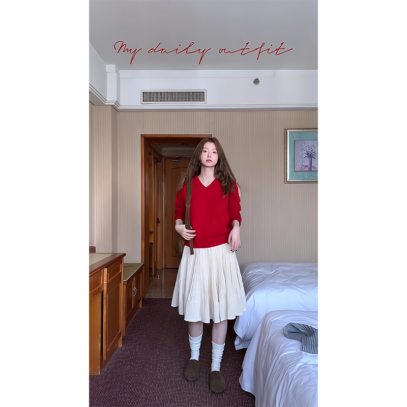2026新款女秋冬季韩版软糯宽松慵懒风V领毛衣长袖上衣高腰半身裙