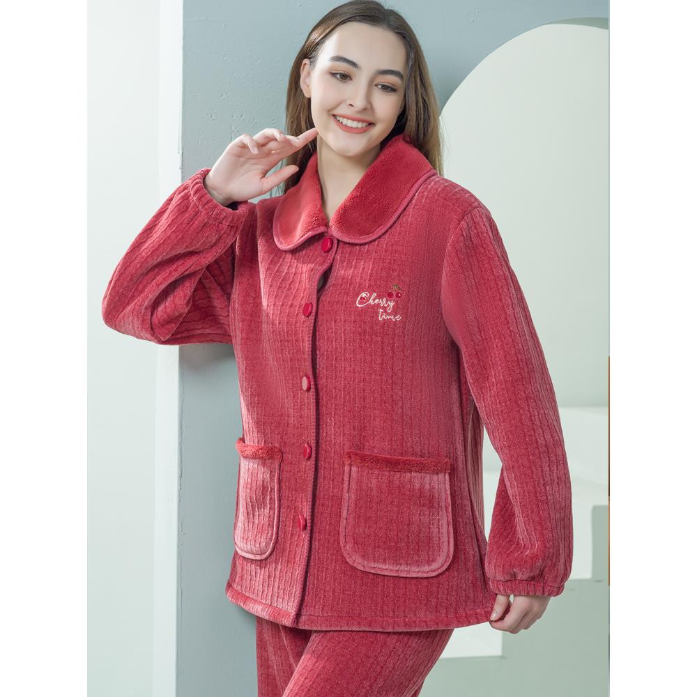 维多利亚姬玛秋冬季加绒加厚保暖覆合绒雪尼尔睡衣翻领大码女士家