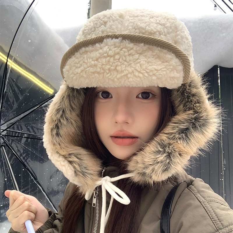 日系复古羊羔绒雷锋帽女冬户外滑雪骑行加厚东北防寒毛绒护耳帽子