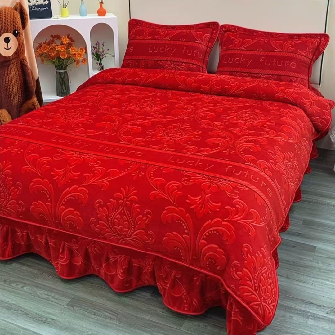 加厚8-9斤牛奶绒四件套床上用品床裙抗静电