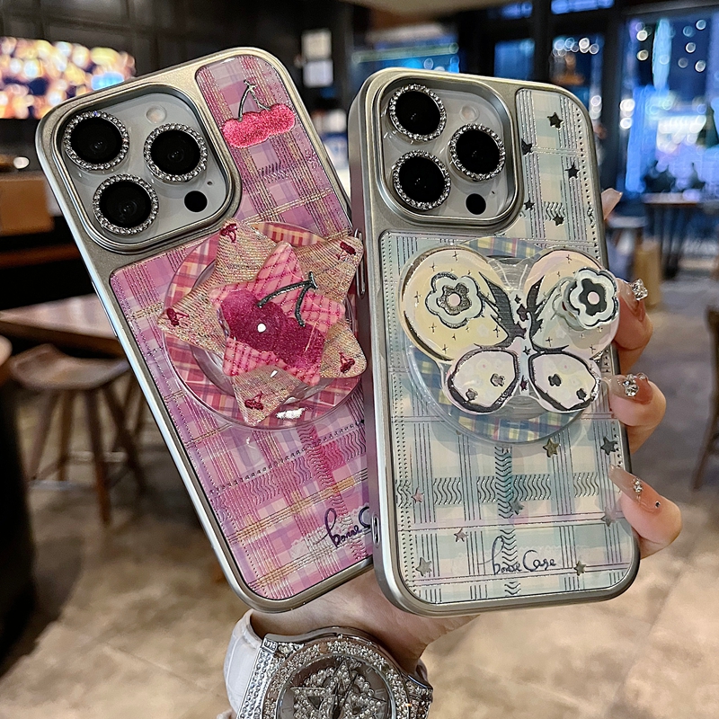 适用苹果系列iPhone16新款手机壳时尚个性玫黄格樱桃半包大孔磁吸