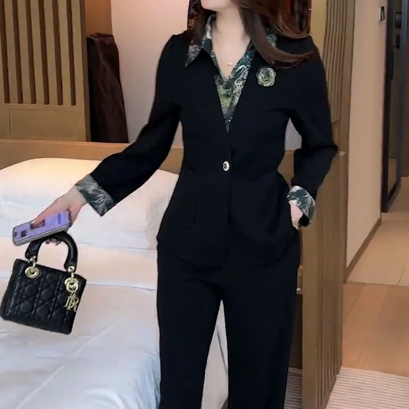 （有运费险）高级感通勤假两件上衣长裤套装春季新款修身显瘦两件套