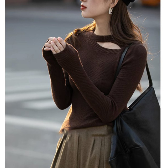 针织打底衫女2025新款秋冬修身内搭咖色毛衣长袖今年流行漂亮上衣