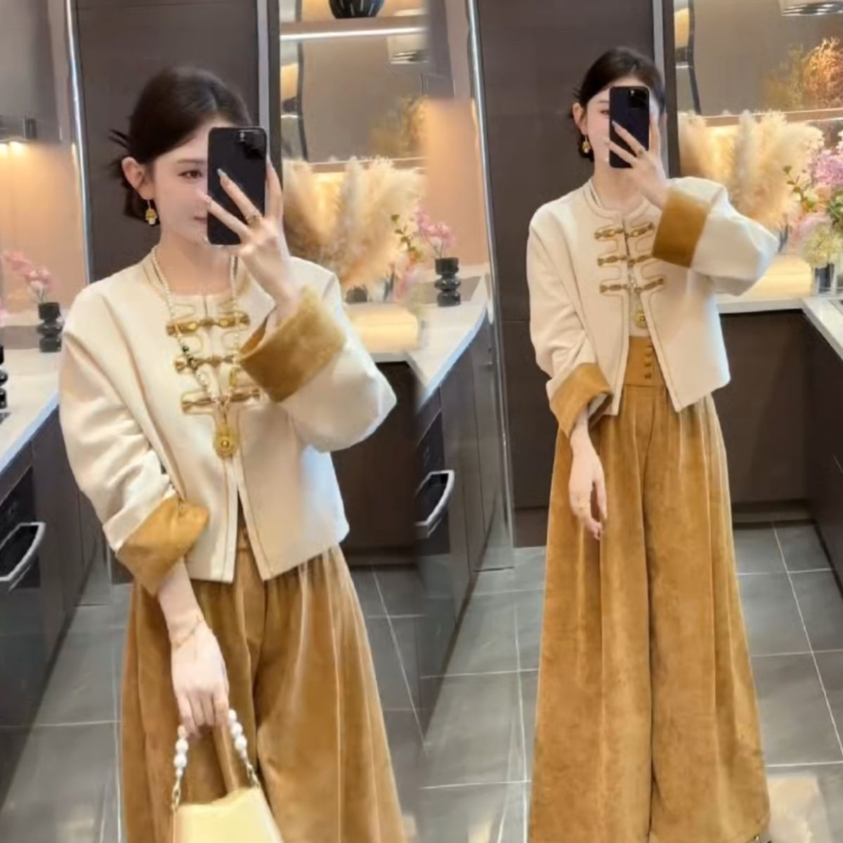 2025秋冬网红新款新中式丝绒两件套女国风重工盘扣显瘦外套阔腿裤