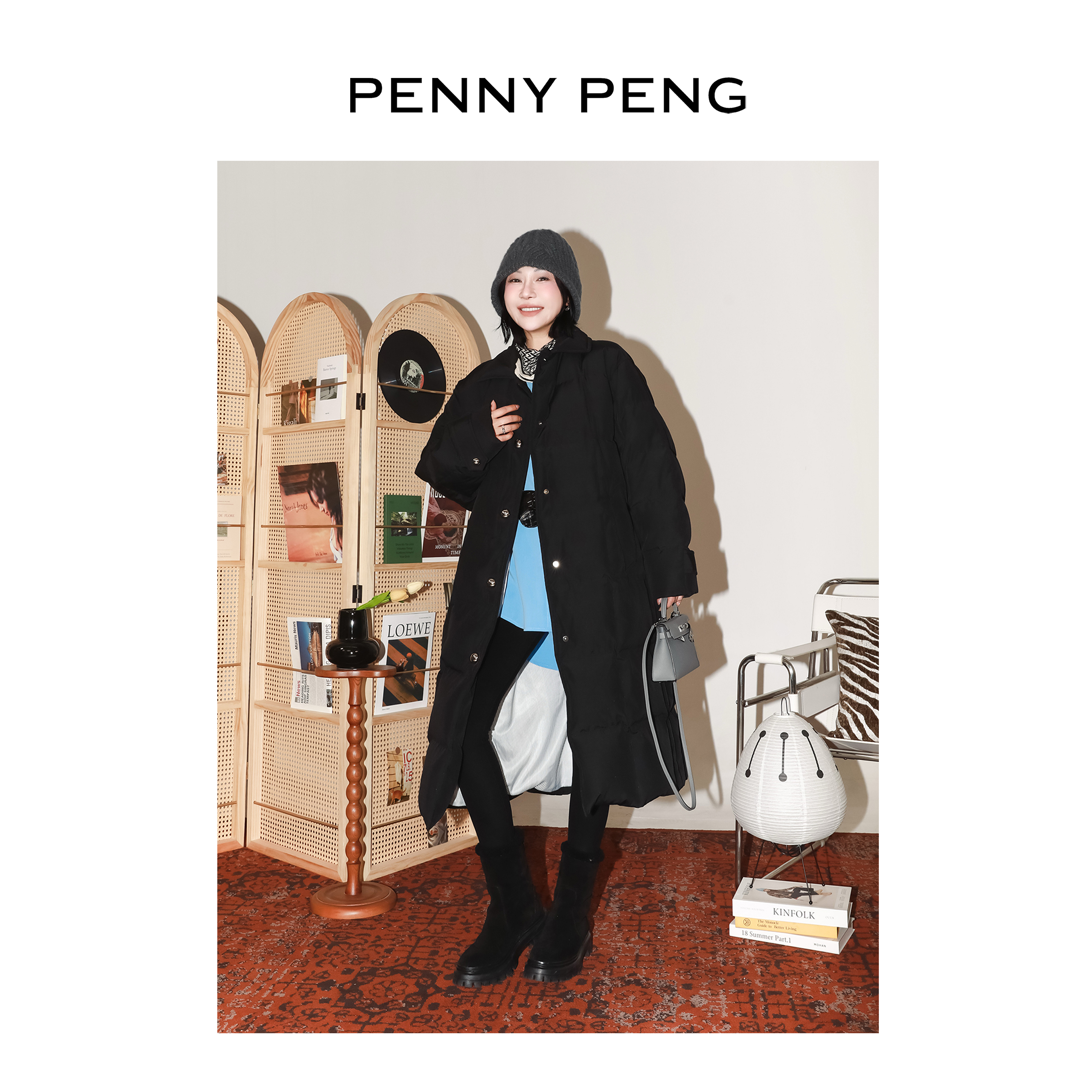 PENNYPENG大被子鹅绒服 黑标系列黑色保暖舒适翻领长款鹅绒服外套