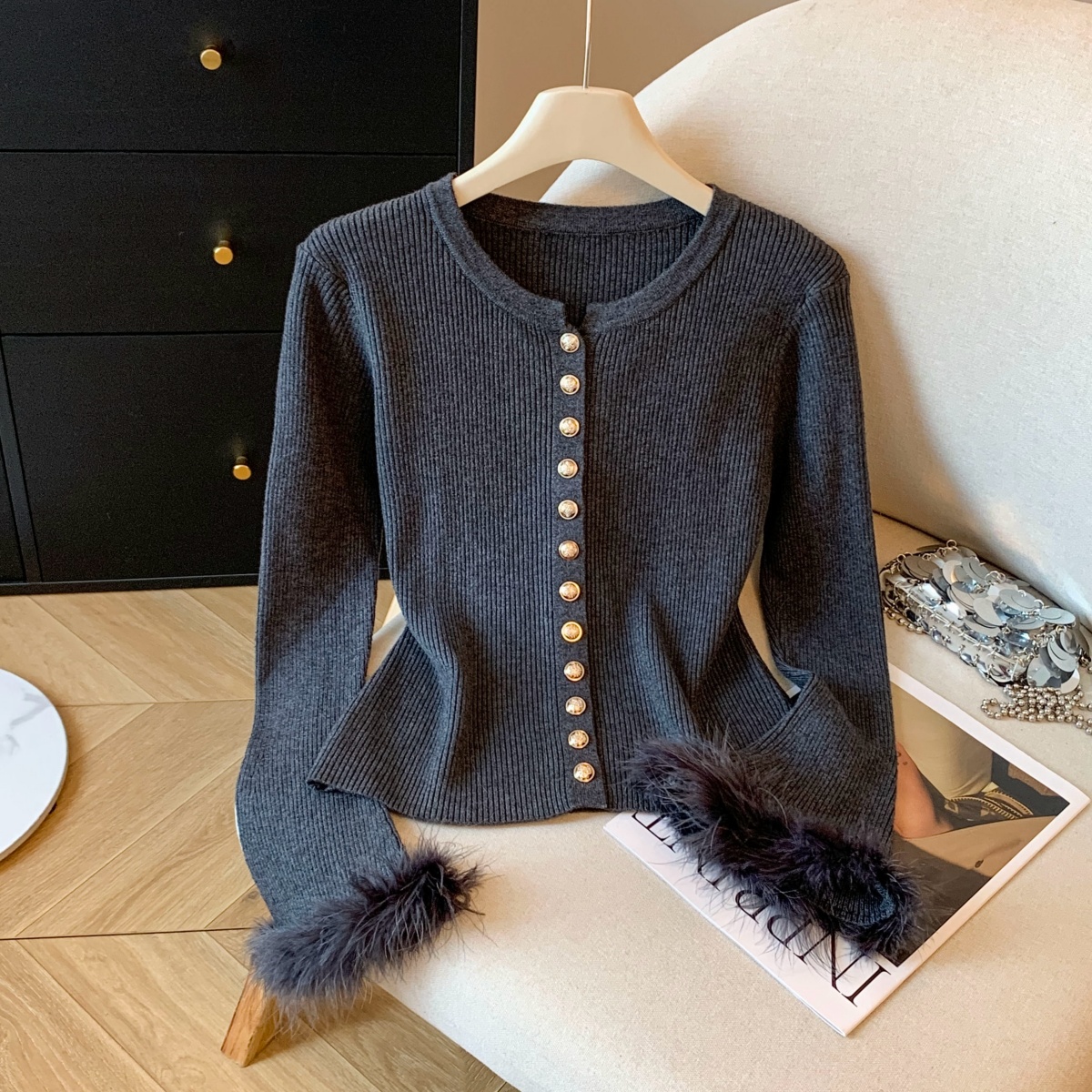 小香风毛毛袖针织打底衫女装秋冬2025新款今年流行的毛衣内搭上衣