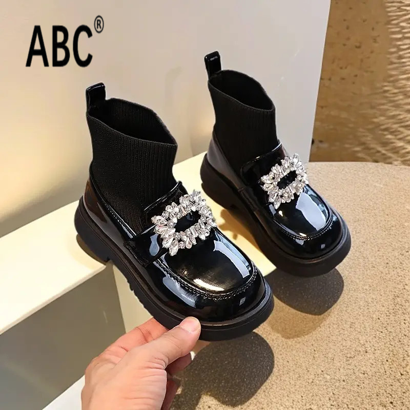 ABC女童马丁靴2025秋冬新款公主袜靴儿童皮鞋女孩针织弹力短靴子