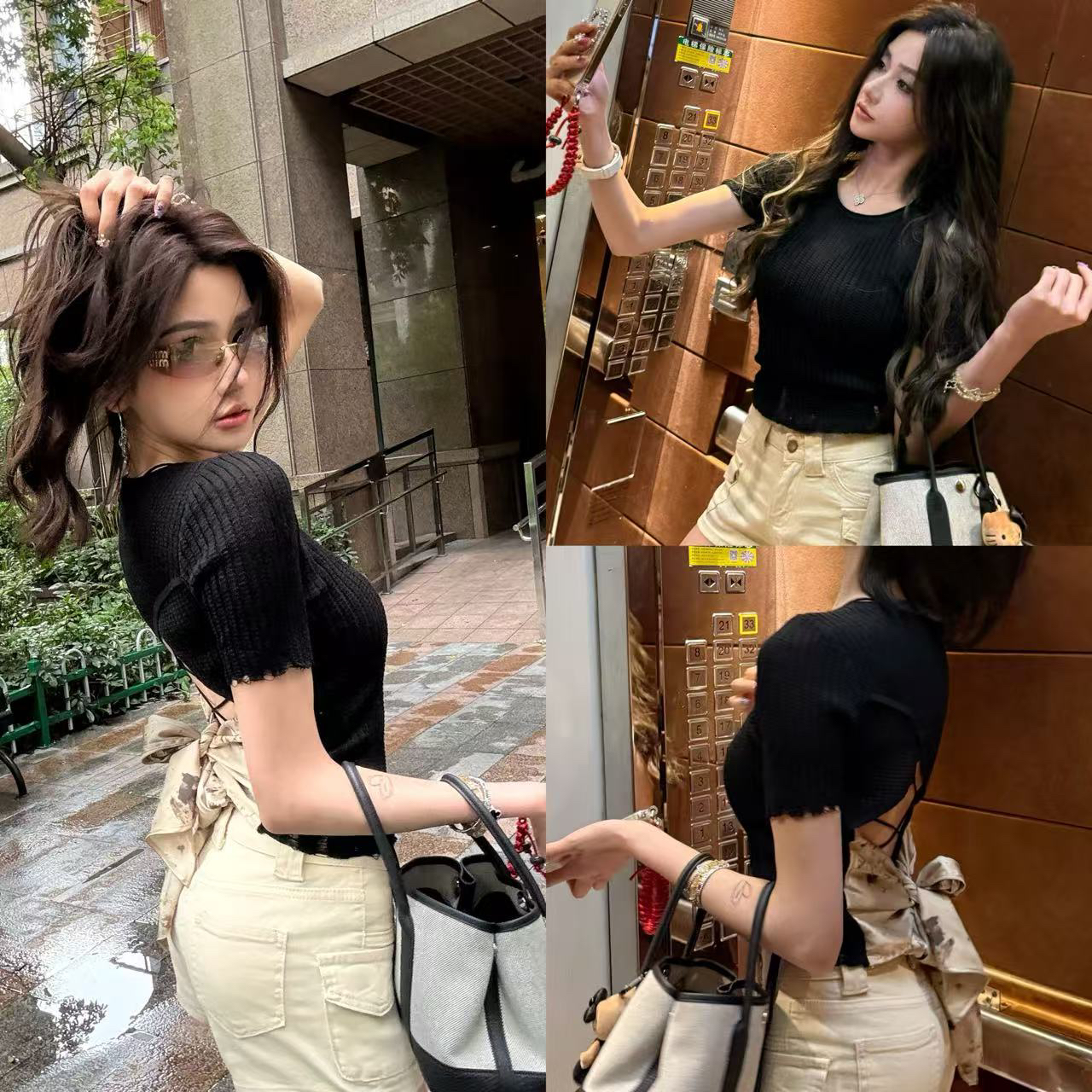 破洞镂空针织短袖上衣交叉绑带露背T恤