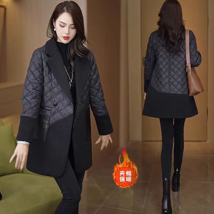 时尚拼接中长款外套女秋冬夹棉保暖大衣韩版显瘦百搭棉服休闲棉衣
