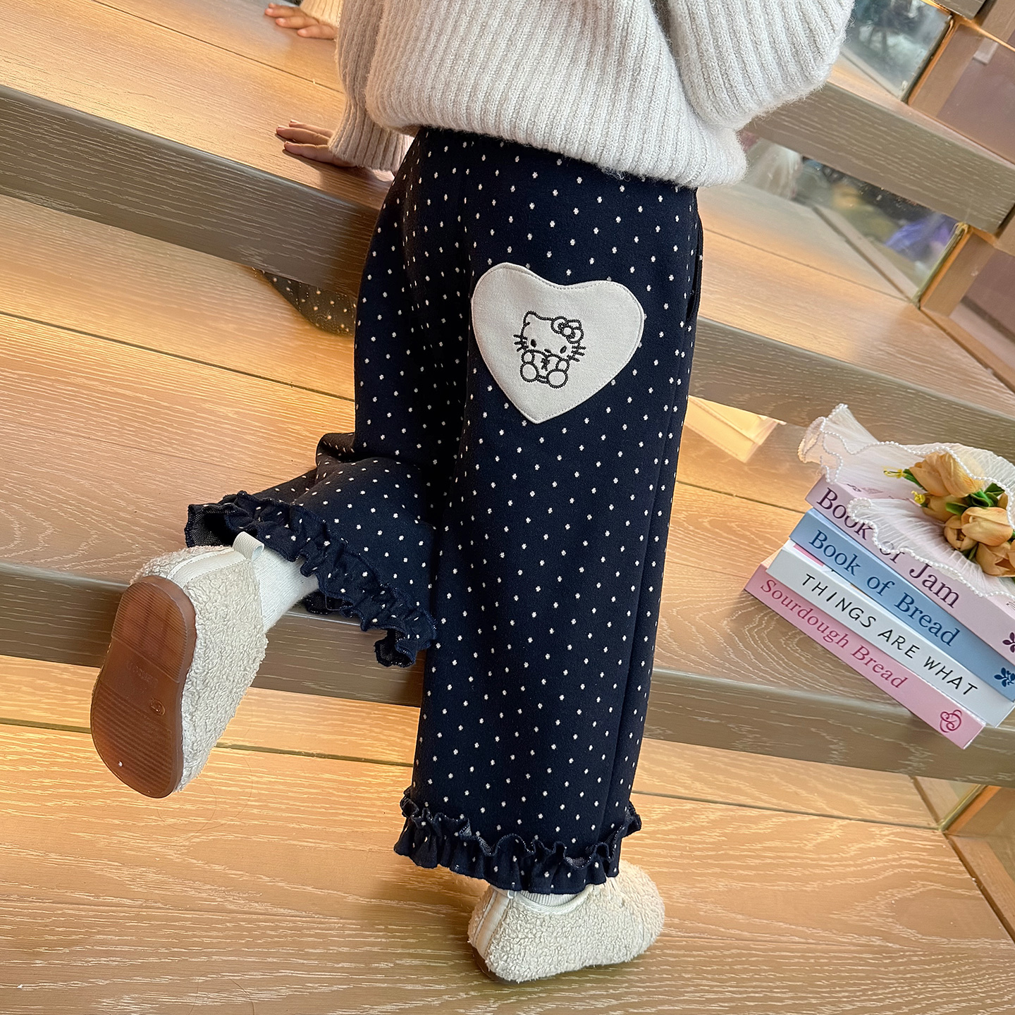 女童加绒休闲裤儿童秋冬装新款韩版加厚一体绒女宝宝冬季波点裤子