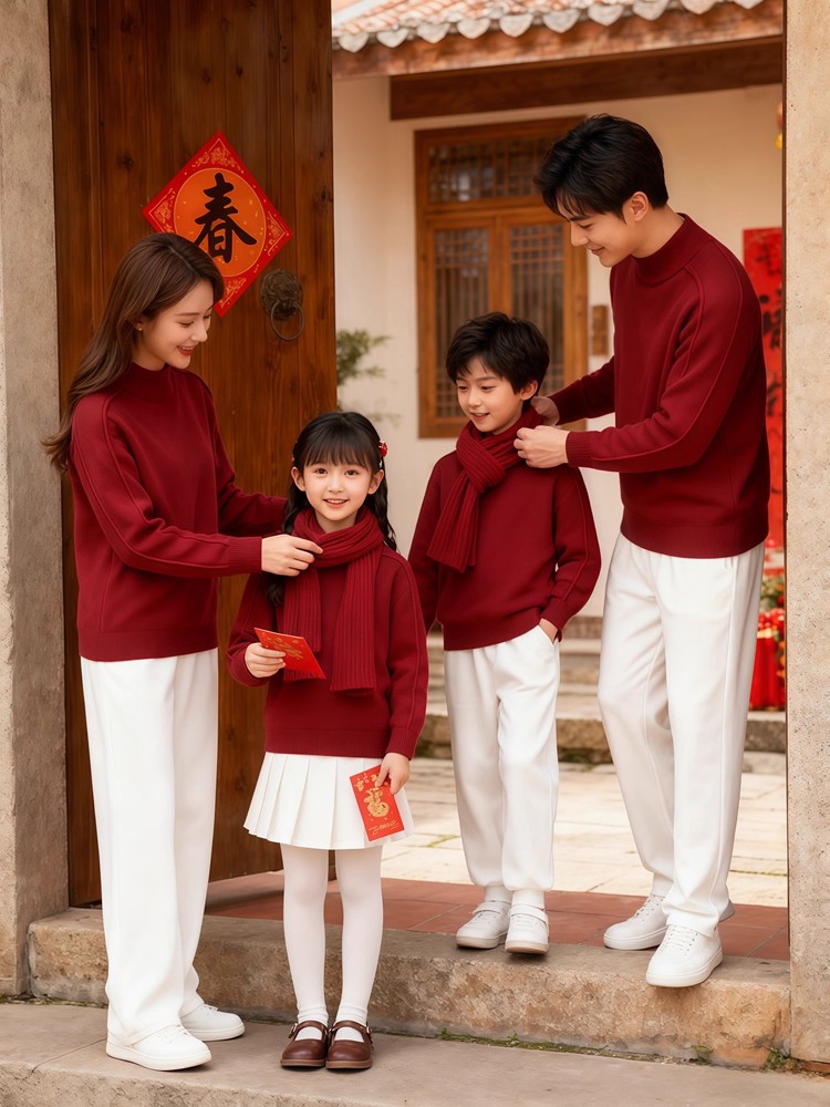 马年新款亲子装红色一家三四口秋冬拜年服中国风冬季母女装全家福