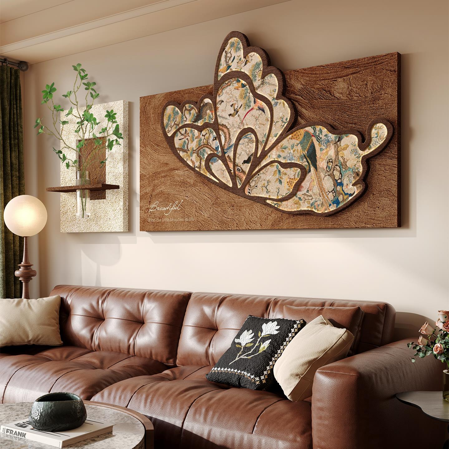 中古风蝴蝶客厅装饰画高级感水培绿植沙发背景墙挂画立体砂岩壁画