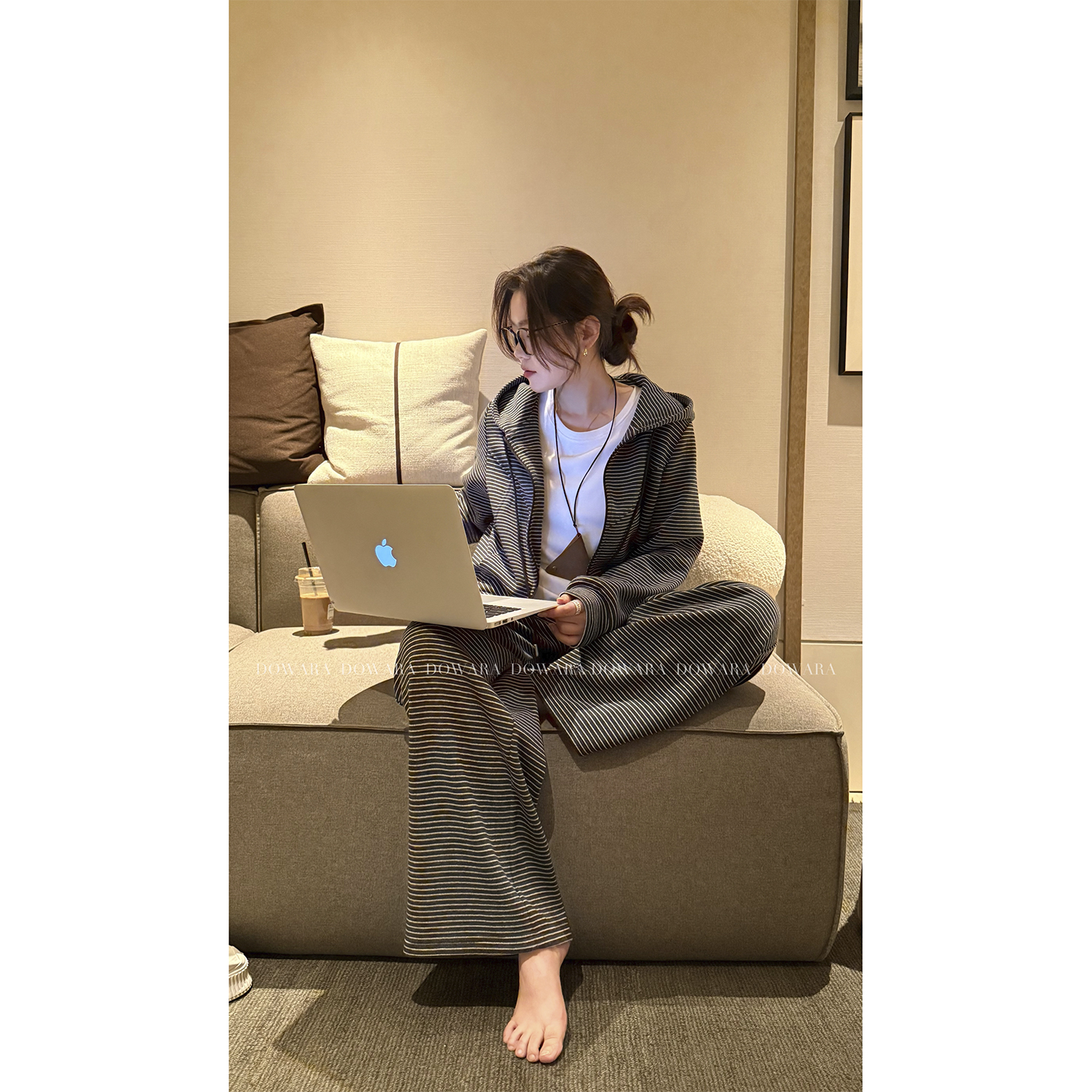 现货大婉酱微胖定制【休息日】慵懒套装运动连帽外套直筒裤女 2769D