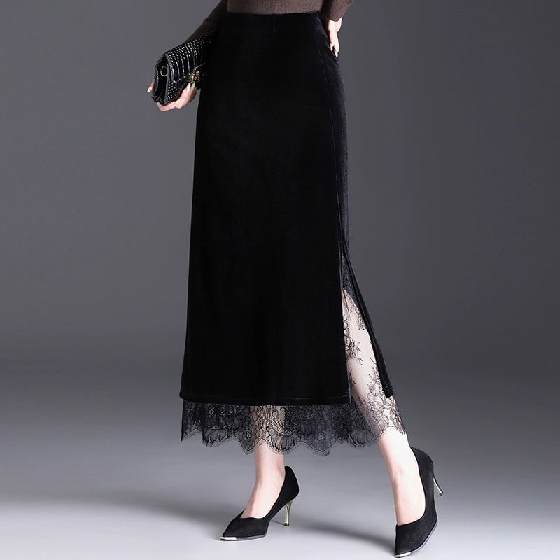 蕾丝拼接直筒裙金丝绒半身裙女秋冬新款垂感开叉包臀长裙一步裙子
