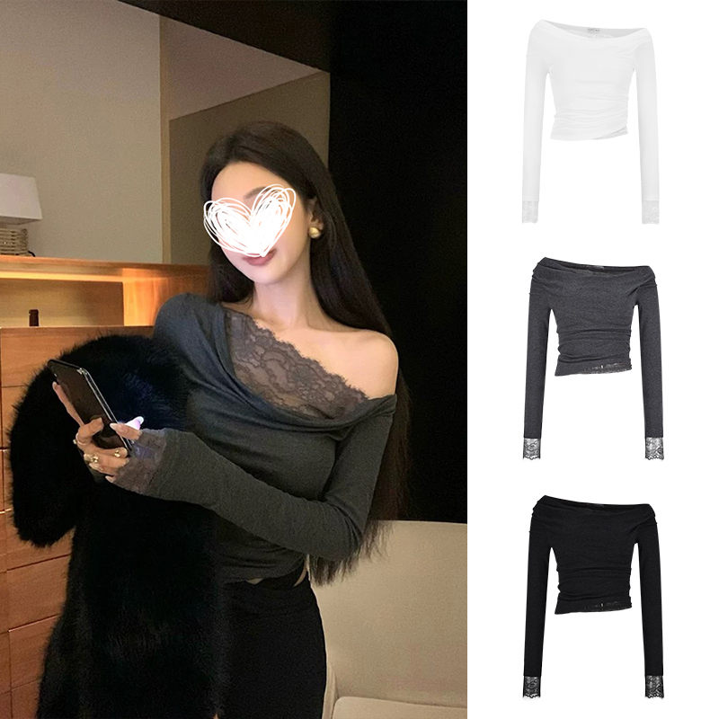 Moses Queen/魔西女王蕾丝长袖上衣花边露肩t恤女修身显瘦打底衫