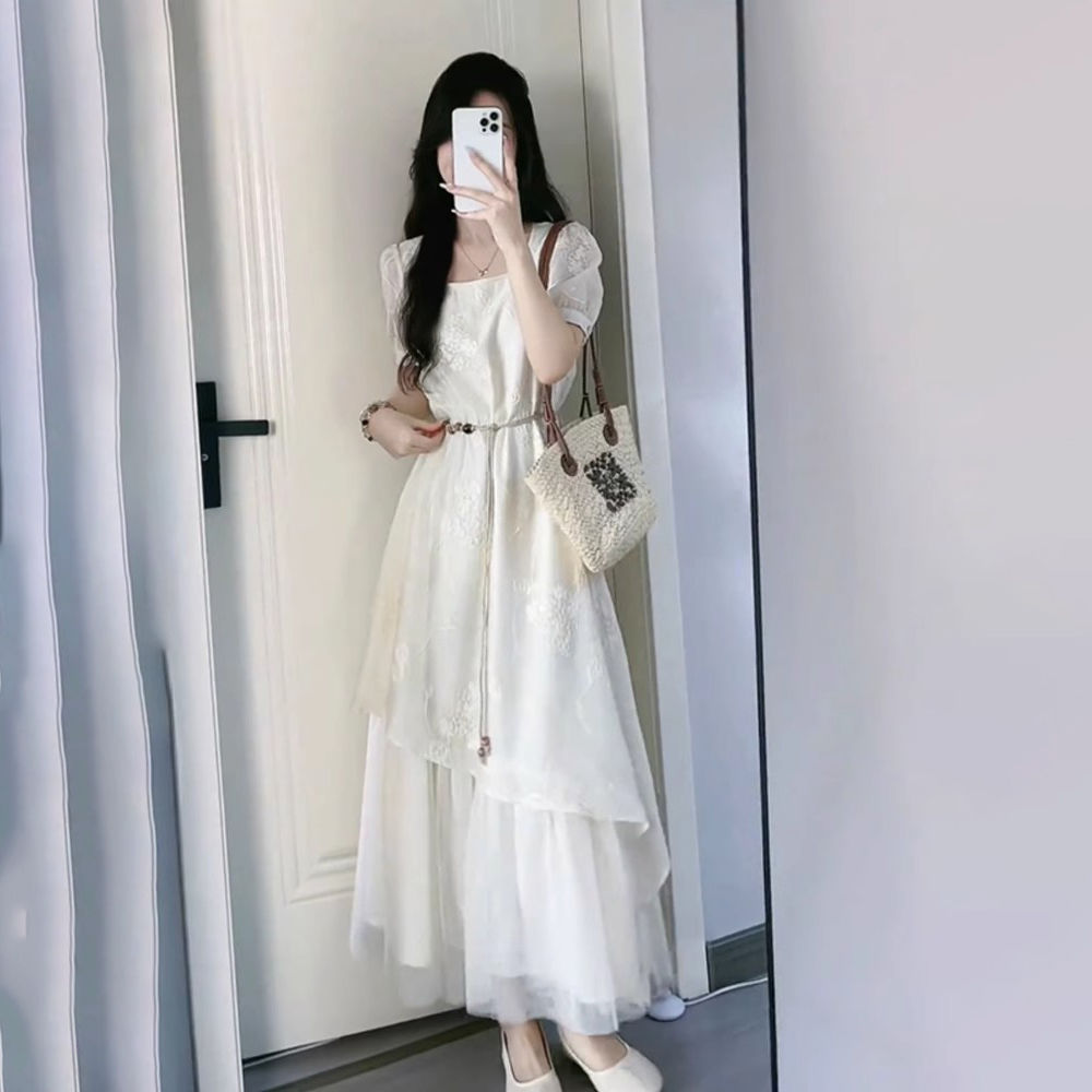 夏季新款法式甜美温柔风网纱拼接长裙设计感小众气质显瘦连衣裙女