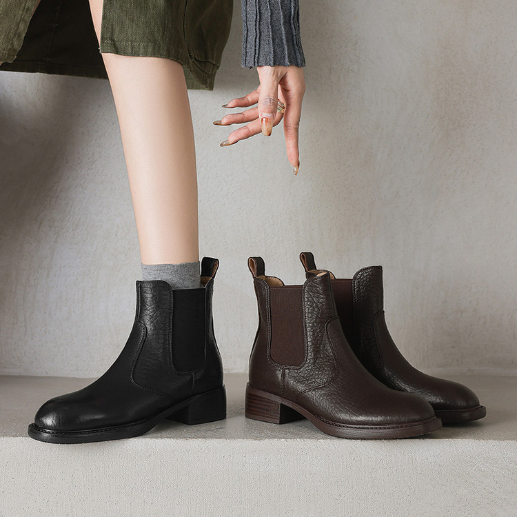 跟高4cm 英伦风通勤百搭粗跟切尔西靴秋冬复古简约时尚棕色瘦瘦靴