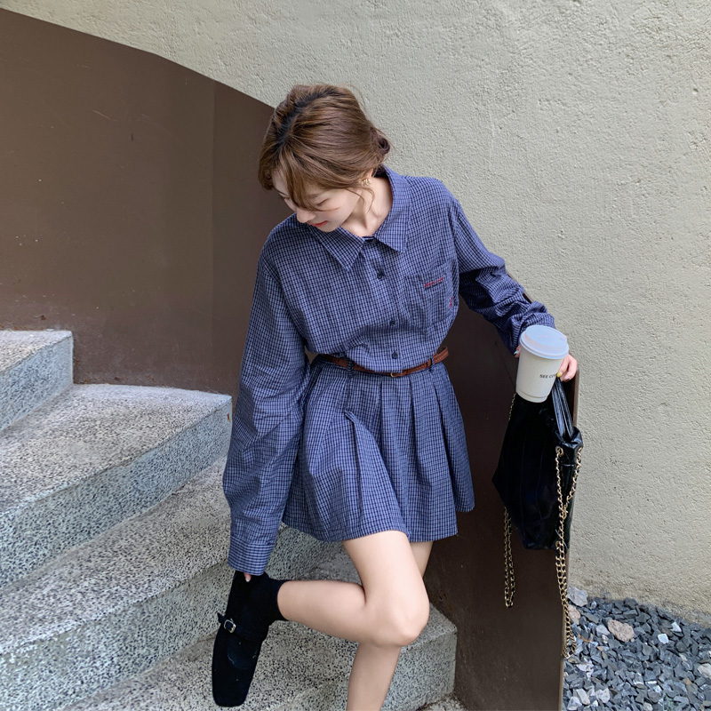 复古格纹韩系连衣裙2025春秋新款小众轻奢学院风Polo领衬衫百褶裙