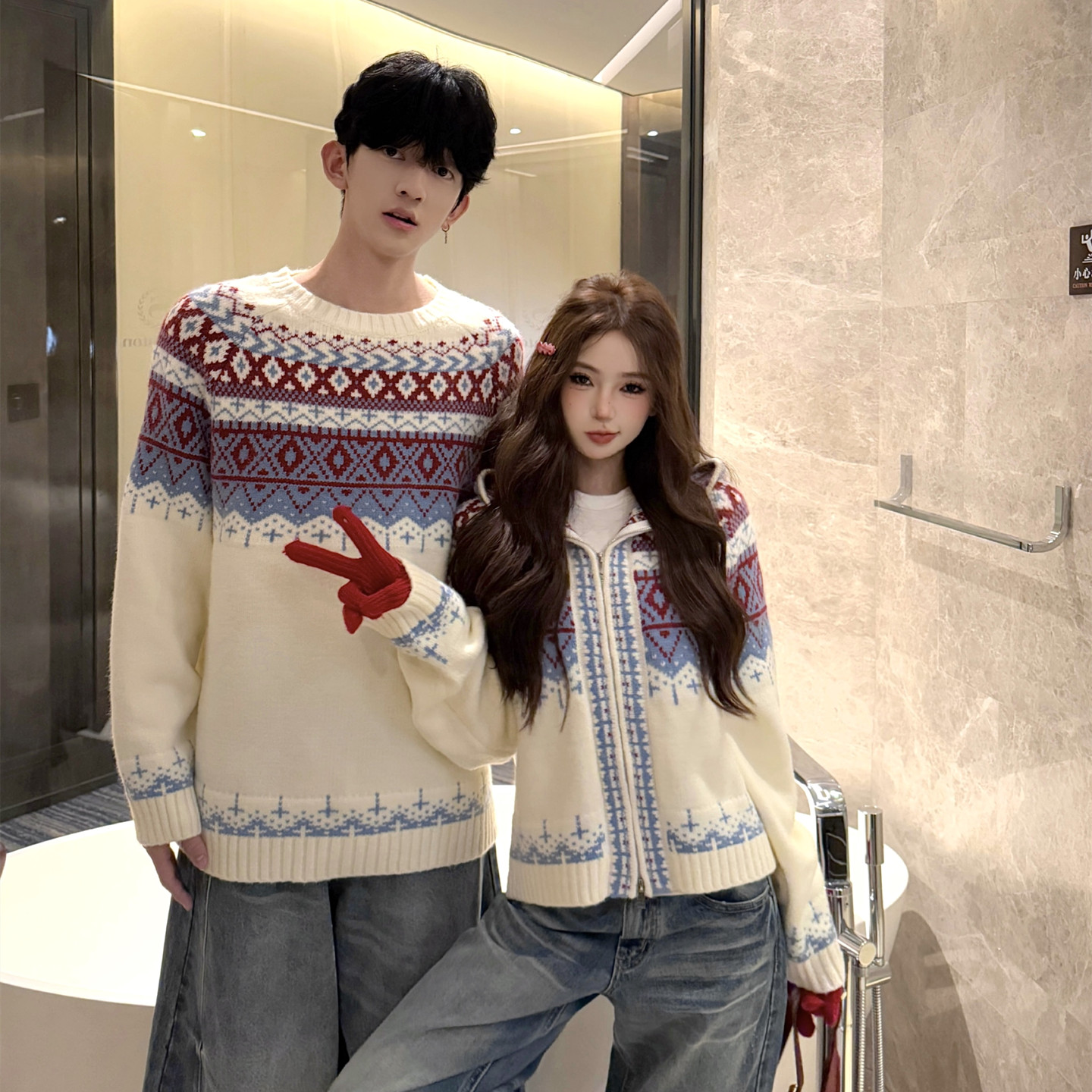 新年圣诞男女毛衣情侣装秋冬ins港风复古慵懒感宽松针织连帽外套