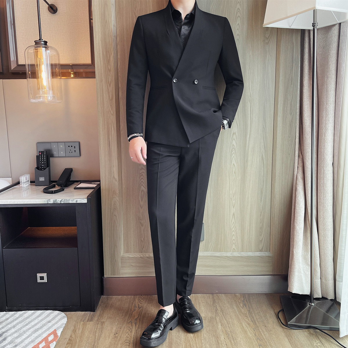 青果领绅士帅气西服套装男士商务休闲修身双排扣西装外套两件套