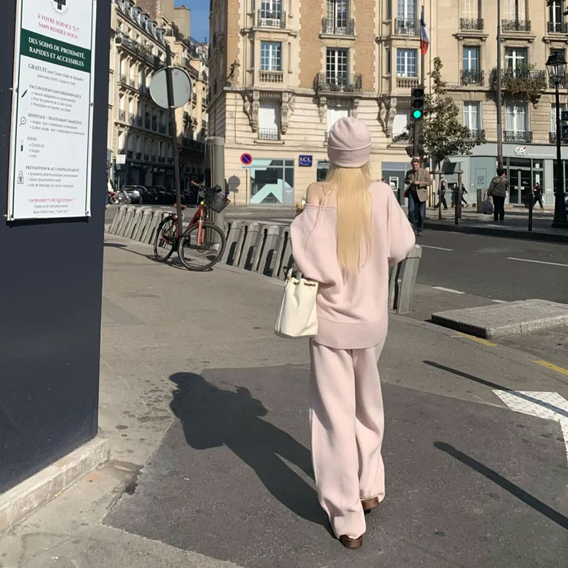 2025秋季新款chic网红同款甜美风懒惰一字肩针织上衣+高腰阔腿裤