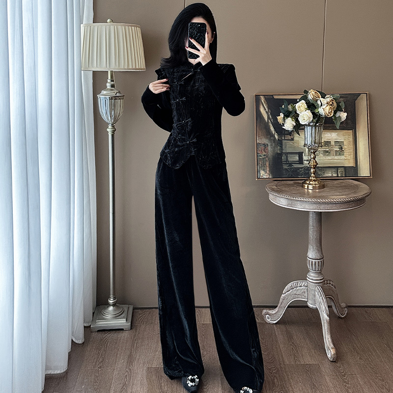 新中式立领盘扣套装春秋高腰显瘦复古直筒黑色金丝绒阔腿裤宽松