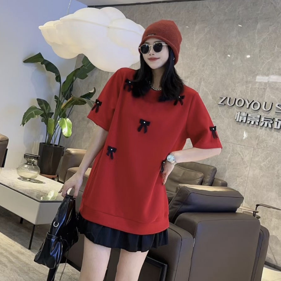 秋冬新款胖MM大码韩版多巴胺蝴蝶结拼接裙摆遮肉显瘦百搭卫衣短袖