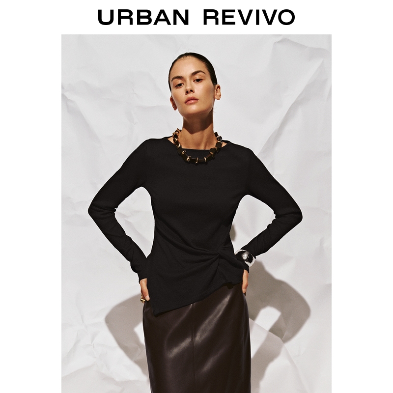 UR2026春季新款女装气质不规则肌理感扭结修身长袖T恤UWM450169