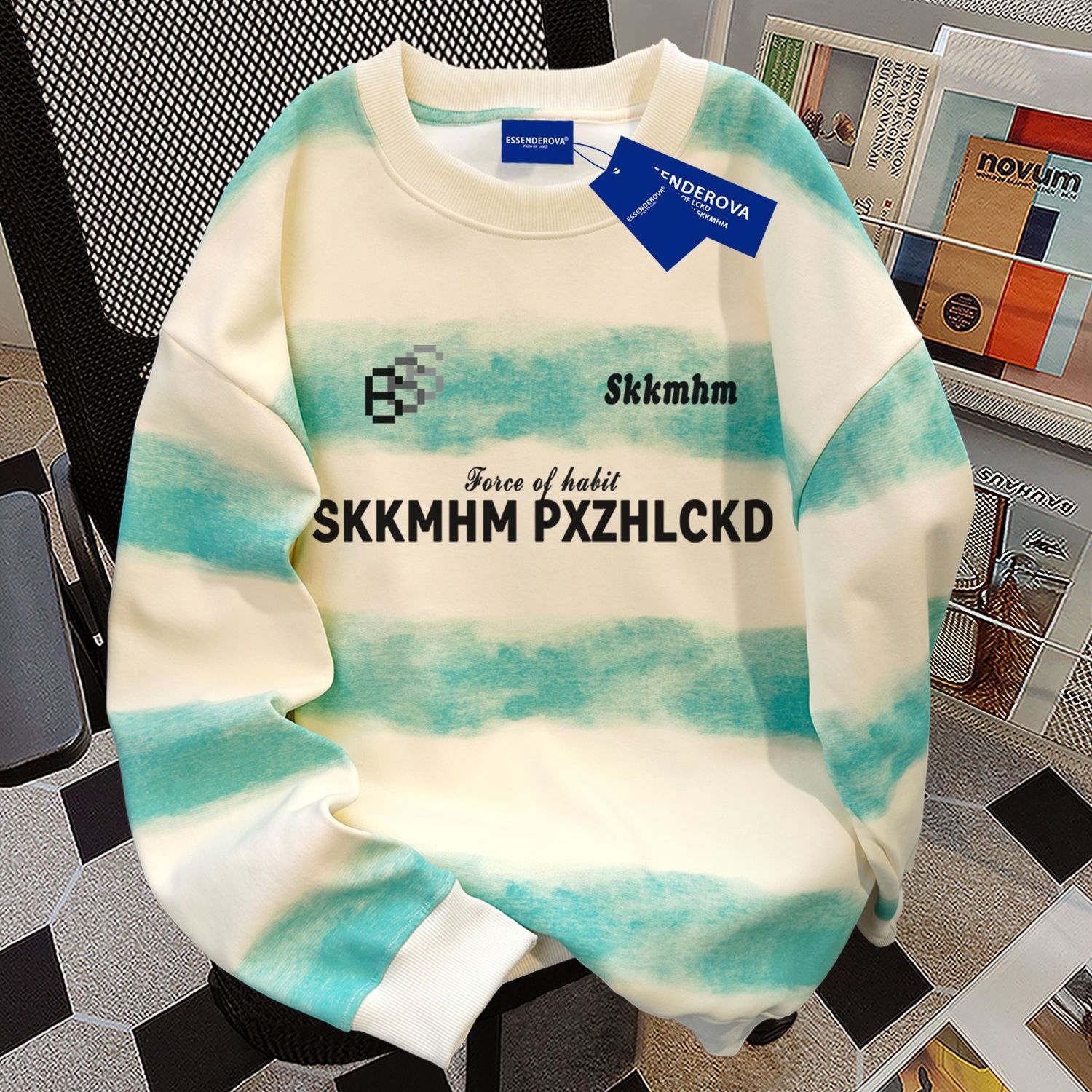 休闲百搭新款扎染横条宽松显瘦圆领卫衣男女秋冬季加绒加厚上衣