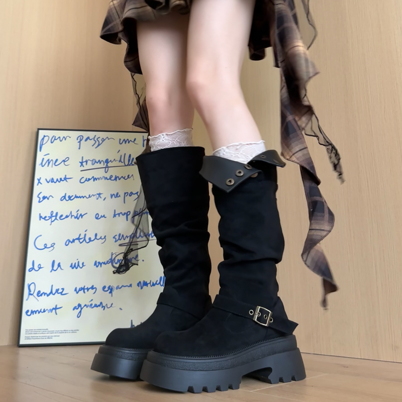 不过膝靴子女款2025新款秋季气质超火增高复古百搭皮带扣长筒靴