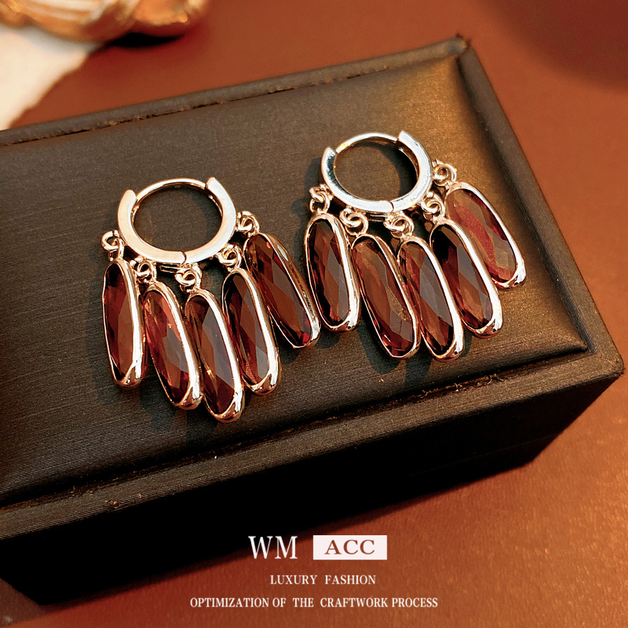 欧美中古风椭圆形咖色镶钻流苏耳环轻奢感耳扣时尚