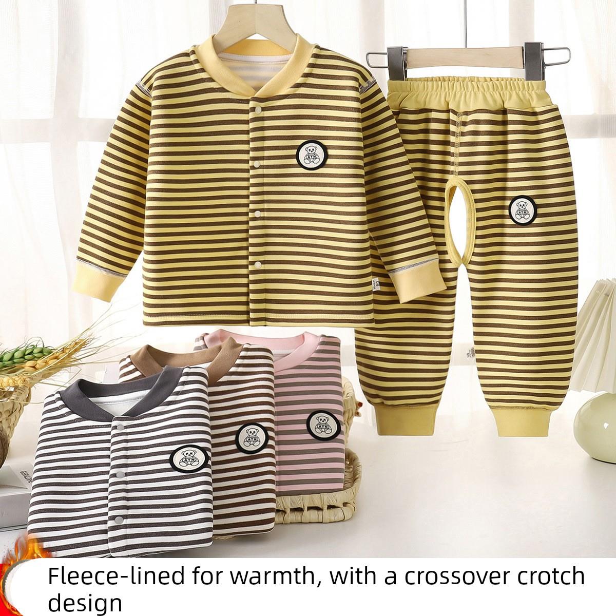 奥莱正品无骨秋冬宝宝加绒保暖套装婴幼儿高腰护肚分体两件套男女