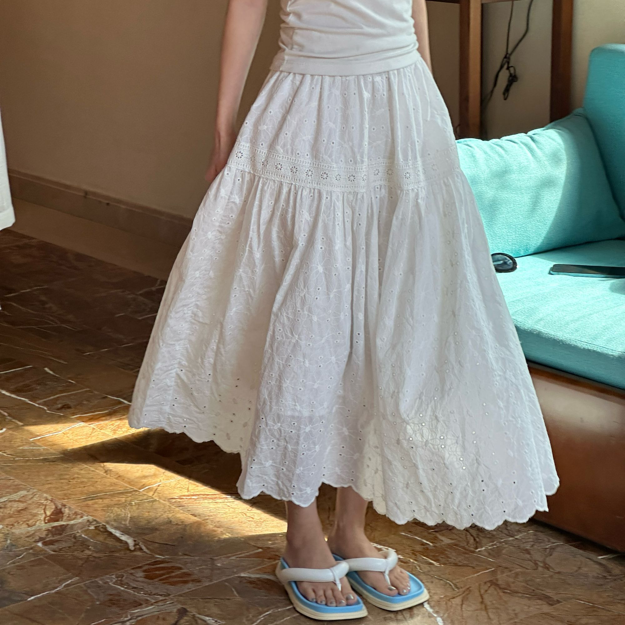 【白山茶】法式白色刺绣蕾丝花边半身裙女春夏高腰A字半身长裙