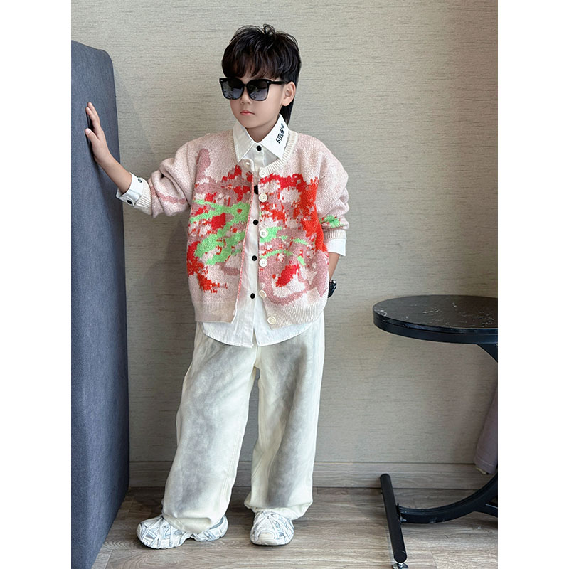 男童秋季休闲韩版新款宽松撞色针织开衫中大童长袖圆领毛衣外套