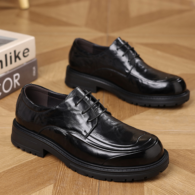 男士头层牛皮商务正装皮鞋真皮英伦风系带结婚厚底黑色百搭德比鞋